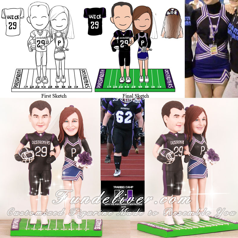 Portsmouth Destroyers Football Player Groom and Cheerleaders Bride Cake Toppers